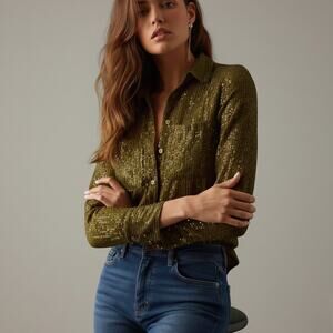 Anthropologie The Remie Sequin Buttondown Green Size XXS